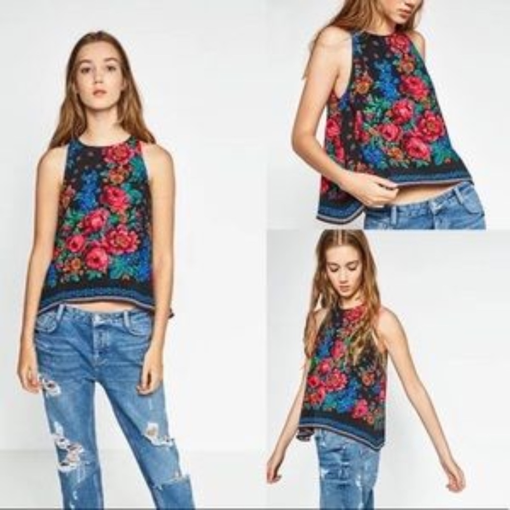 Zara Trafaluc Black Floral Tank Top
